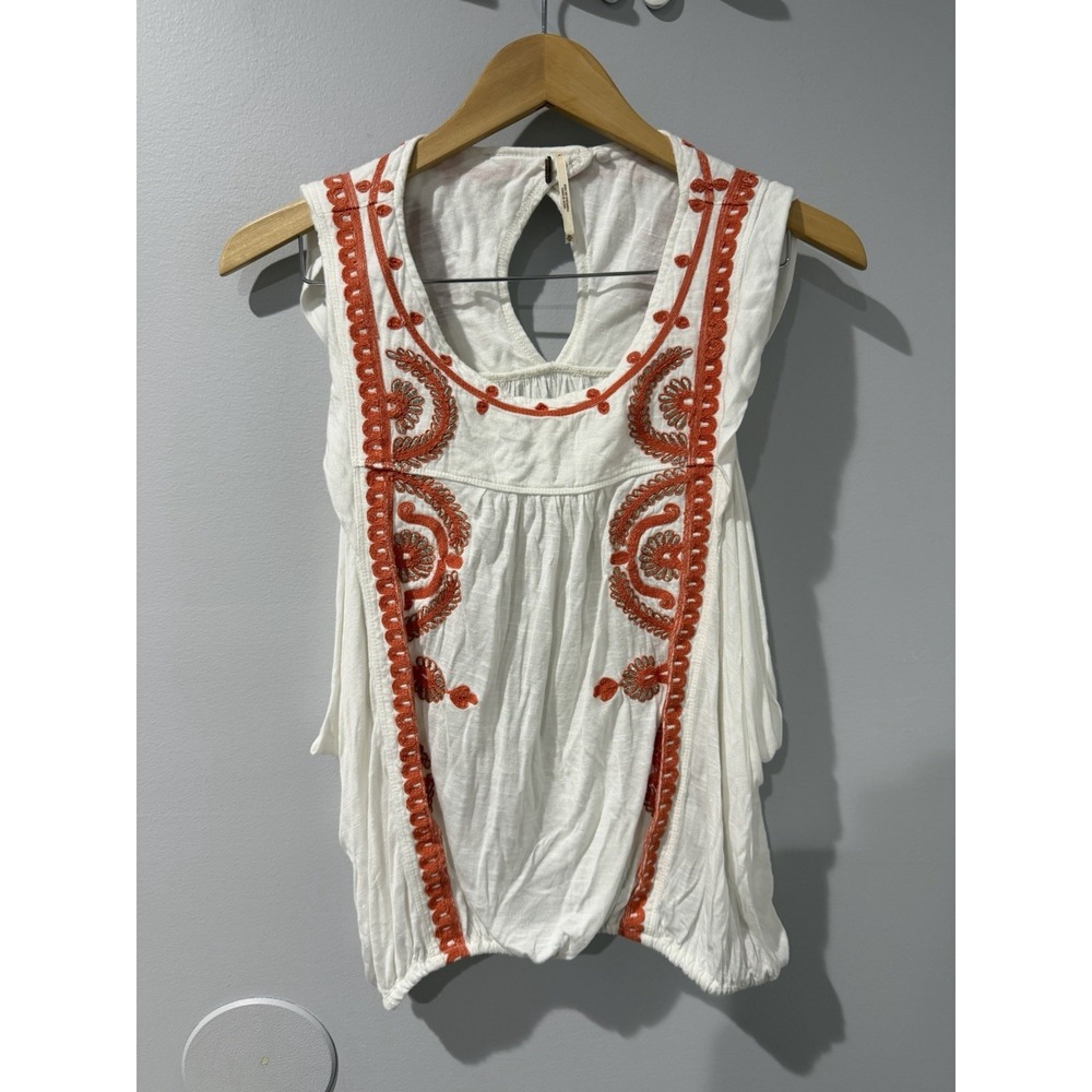 Free People White Orange Embroidered Cotton Knit Sleeveless Blouse - Size M F